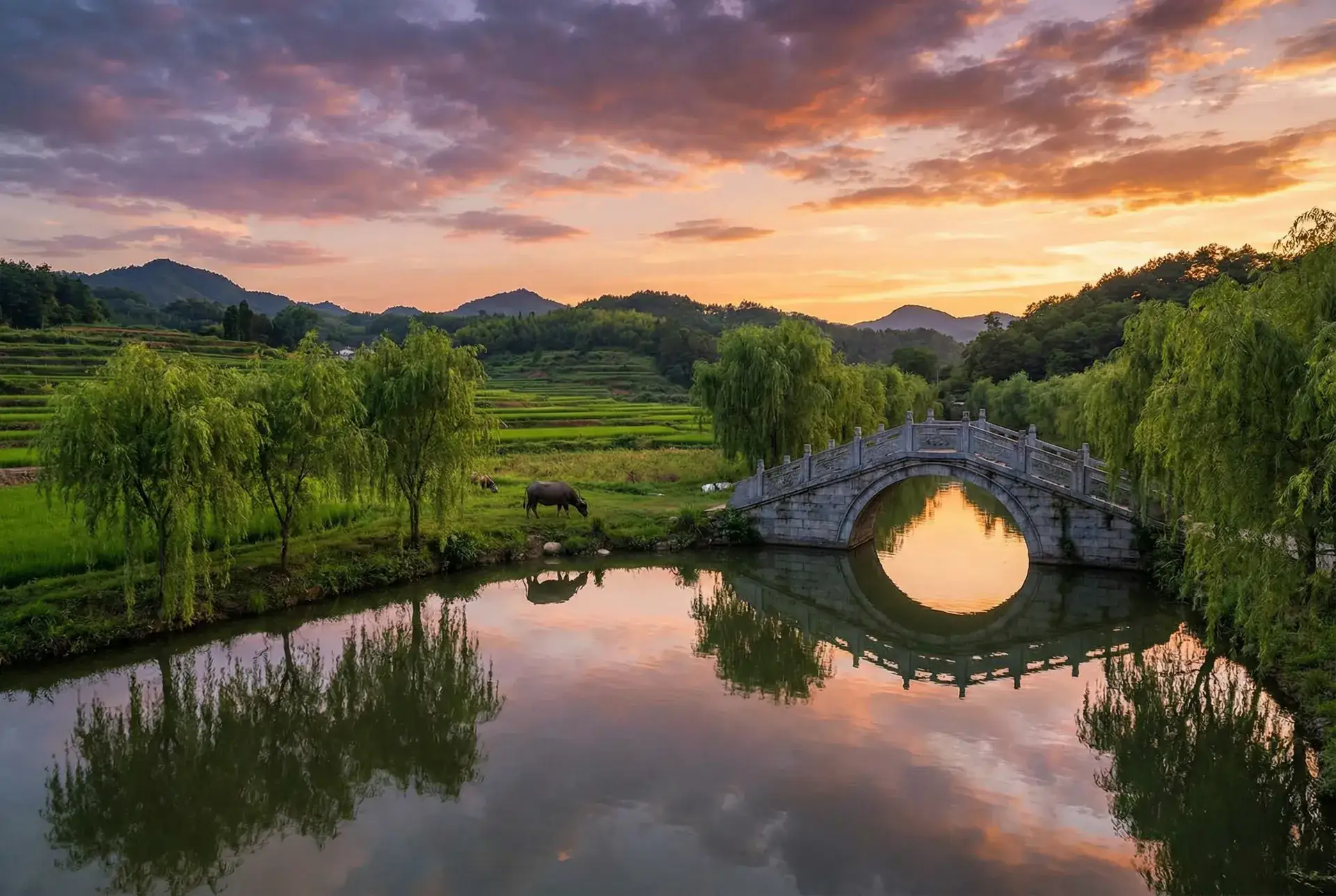 夕阳下的石拱桥与垂柳，水牛在河边吃草 - 黑夜传说前传 乡村美景